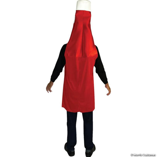 Back view of the red Heinz ketchup bottle tunic costume showing plain red back and white cap top