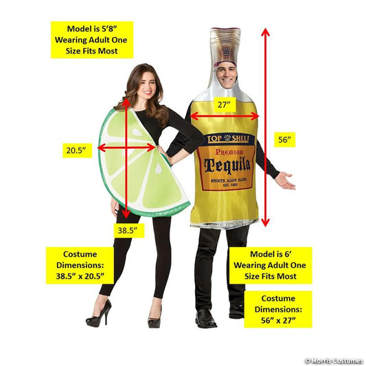 Sizing diagram of the Tequila Bottle & Lime Slice costumes: bottle 56 x 27 in., lime 38.5 x 20.5 in., on 6' and 5'8" models