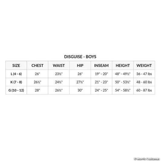 Disguise boys size chart: small 4-6, medium 7-8, large 10-12 with chest, waist, hip, inseam, height and weight