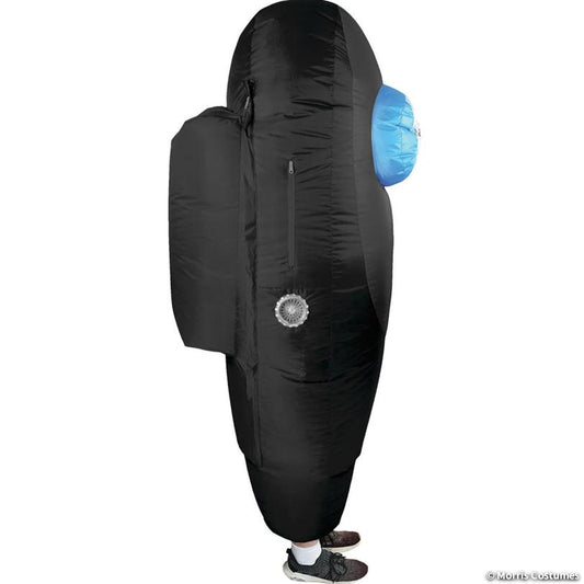 Side view of the black inflatable Crewmate costume showing the backpack and fan