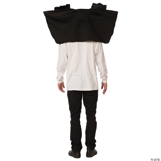 Back view of the giant funny-nose glasses hood costume showing black fabric back