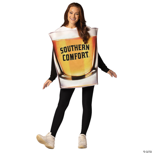 Woman wearing the Southern Comfort shot glass tunic costume, front view