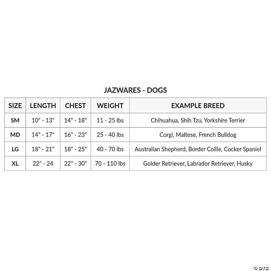 Jazwares dog costume size chart: SM 11-25 lbs, MD 25-40 lbs, LG 40-70 lbs, XL 70-110 lbs, with length, chest and breeds