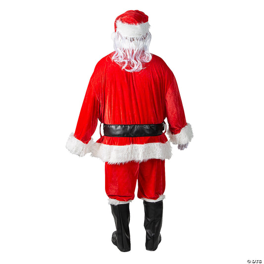 Back view of the plus size red velour Santa suit showing jacket, belt, pants and boot tops