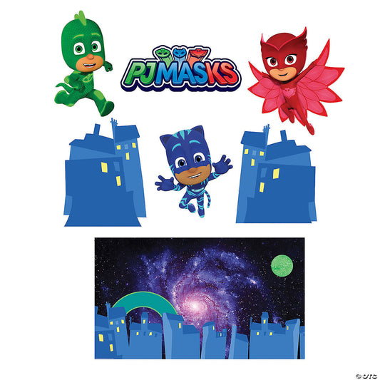 PJ Masks Treat Your Trunk kit pieces: Gekko, Owlette, Catboy, logo, blue buildings and a starry night city backdrop
