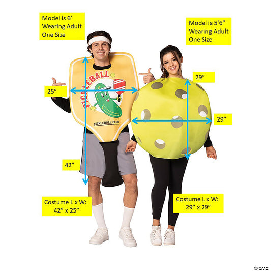 Sizing diagram of the Pickleball & Paddle costumes: paddle 42 x 25 in., ball 29 x 29 in., on 6' and 5'6" models