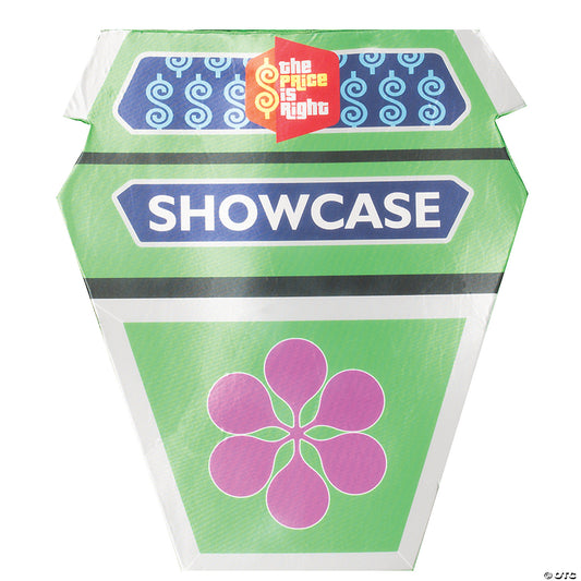 Close-up of the green Price Is Right Showcase podium tunic with logo and pink flower graphic
