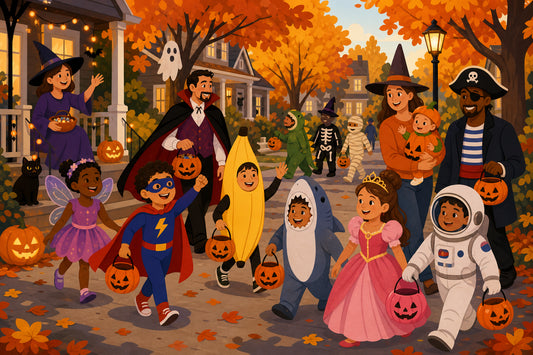 Flat illustration of kids and adults in varied Halloween costumes on a leafy street with jack-o-lanterns