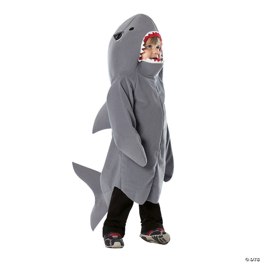 Toddler shark Halloween costume, gray over-the-head tunic with attached tail and face opening