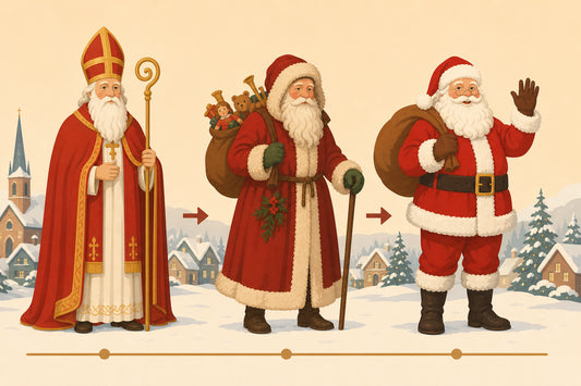 Flat illustration of three Santa figures: a red-robed bishop, a Victorian Father Christmas and a modern Santa in a red suit