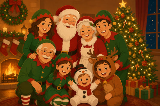 Flat illustration of a multigenerational family in Santa, Mrs. Claus, elf, reindeer, and snowman costumes by a Christmas tree
