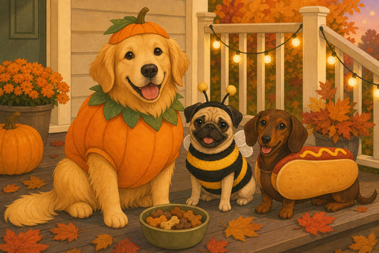 Three dogs in pumpkin, bee and hot dog costumes on a porch