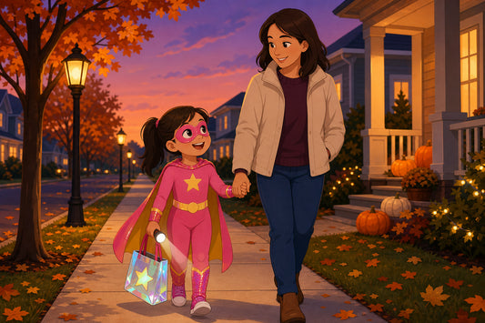 Flat illustration of a girl in a superhero costume holding a flashlight and a parent's hand on a lit sidewalk