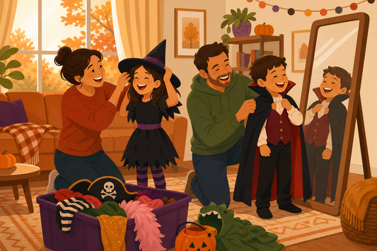 Flat illustration of a family trying on Halloween costumes together in a living room with a mirror and costume bin