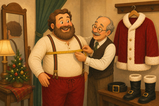 Tailor measuring a man's chest for a red velvet Santa suit