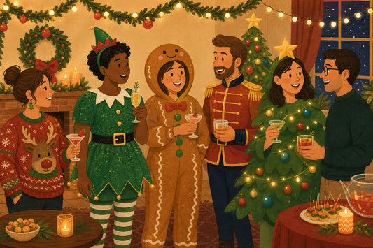 Holiday party guests in ugly sweater, elf dress, gingerbread and Christmas tree outfits