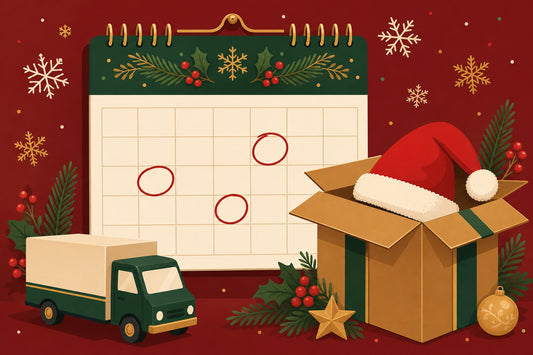 Flat illustration of a December calendar, a shipping box with a Santa hat inside, and a small delivery truck
