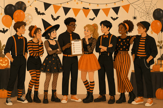 Flat illustration of eight friends in coordinated Halloween costumes lined up, one holding a checklist