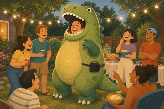 Person in an inflatable dinosaur costume at a backyard party