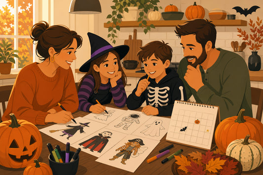 Flat illustration of a family brainstorming Halloween costume ideas at a kitchen table with sketches and pumpkins