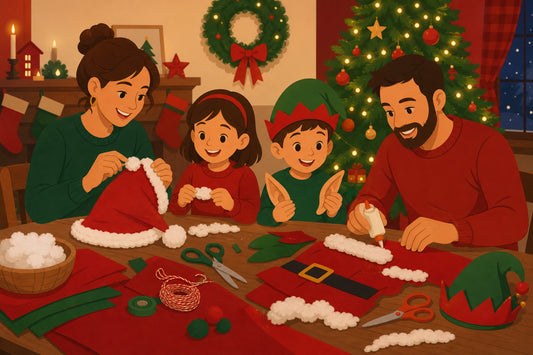 Flat illustration of a family crafting homemade Christmas costumes at a table with felt, a Santa hat, and elf ears