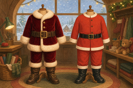 Professional velvet Santa suit next to a budget Santa suit on dress forms