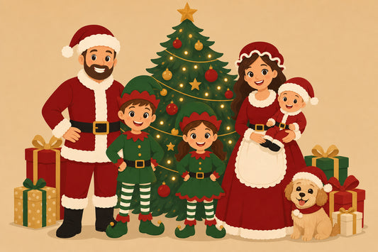 Flat illustration of a family dressed as Santa, Mrs. Claus, elves, a baby Santa, and a dog in a Santa hat
