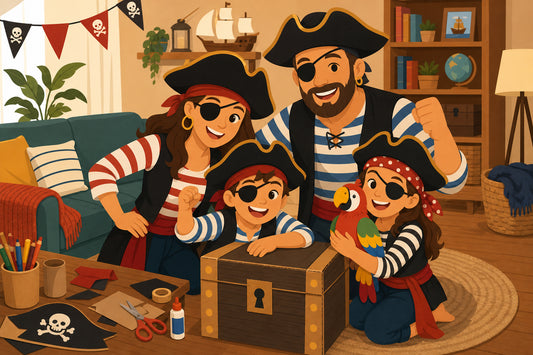 Flat illustration of a family dressed as pirates with a treasure chest and craft supplies in a living room