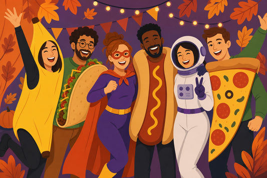 Flat illustration of a group of friends in mixed party costumes posing together at a Halloween party