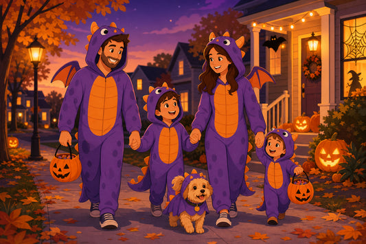 Flat illustration of a family of four and their dog trick-or-treating in matching Halloween costumes