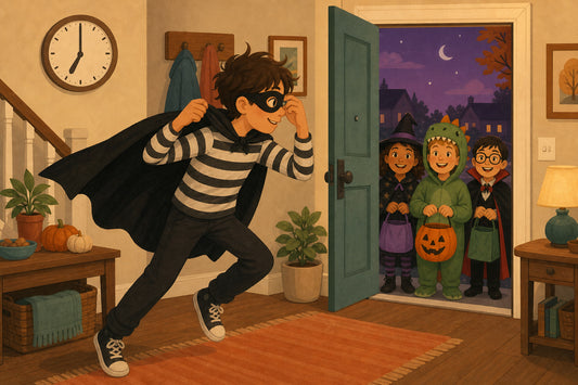 Teen throwing on a quick mask-and-cape costume as friends wait at the door