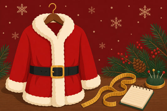 Flat illustration of a red Santa suit jacket on a hanger beside a tailor's measuring tape