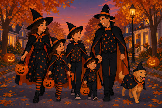 Flat illustration of a family of five and their dog in matching Halloween costumes walking down an autumn street