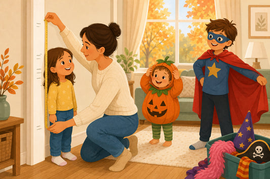 Parent measuring a child's height at home while siblings try on Halloween costumes