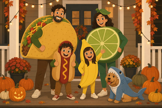 Flat illustration of a family dressed as a taco, a lime, a hot dog, a banana, and a dog in a shark fin on a porch