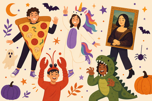 Flat illustration collage of creative Halloween costumes: pizza slice, unicorn, framed painting, lobster headband, dinosaur