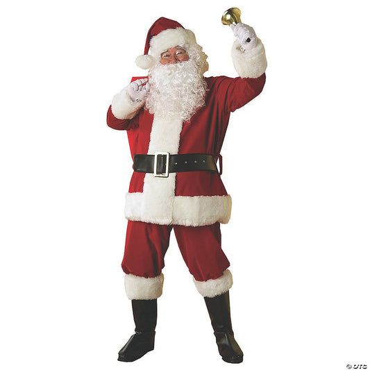 Santa in a plush red suit with white fur trim, curly white beard and hat, ringing a gold bell