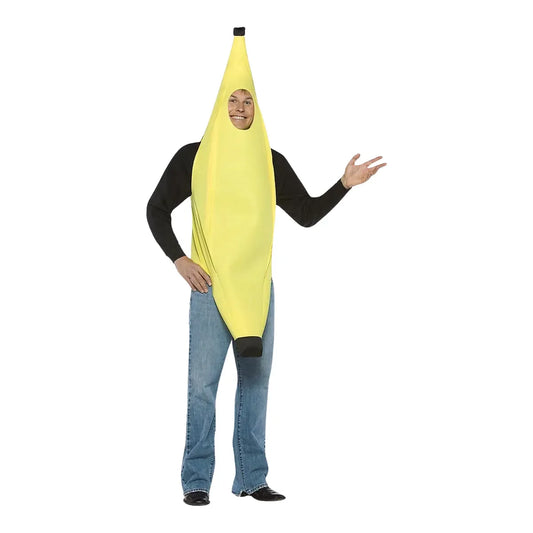 Adult banana costume, a yellow over-the-head tunic with a face hole, on a white background