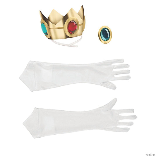 Princess Peach accessory kit with long white gloves, jeweled gold crown headband, and amulet
