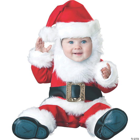 Baby Santa costume with red lined jumpsuit, faux fur trim, hood with beard, and booties