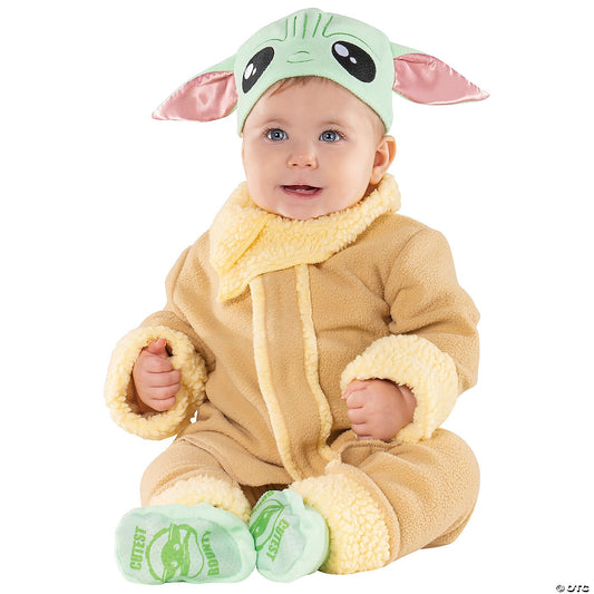 Baby Star Wars Grogu costume with beige tunic, pants, headpiece, and booties
