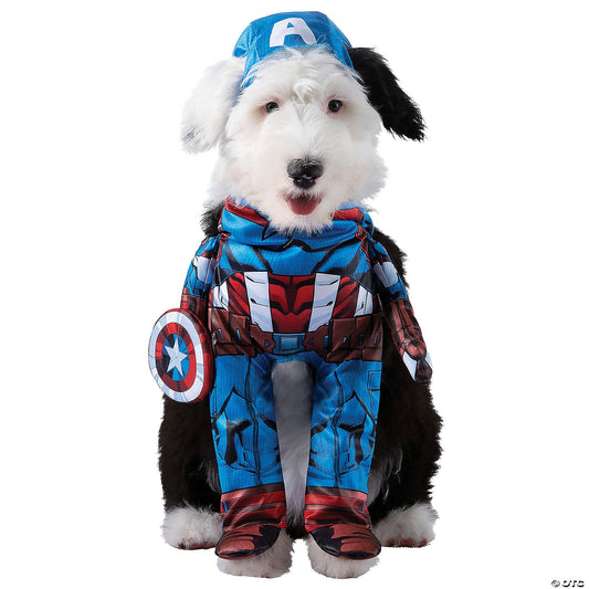 Captain America dog costume with printed walking body suit and headpiece