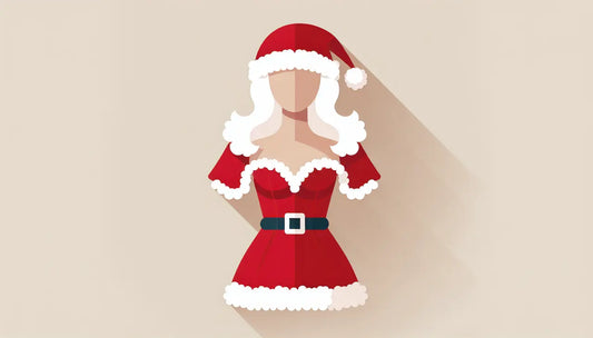 Flat illustration of a red Mrs. Claus dress with white fur trim and hat