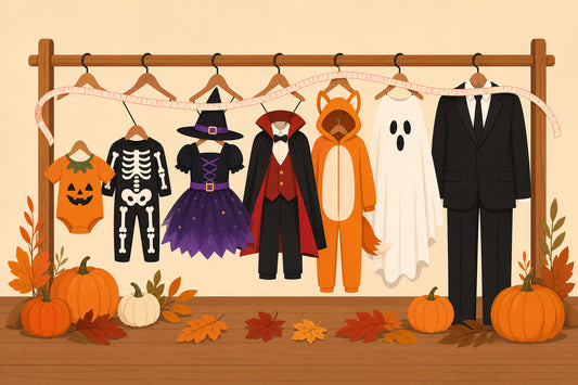 Illustration of Halloween costumes on hangers in sizes from baby to adult with a tape measure