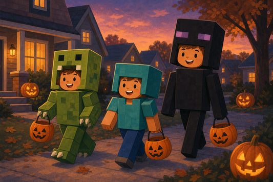 Kids in blocky pixel-style costumes trick-or-treating