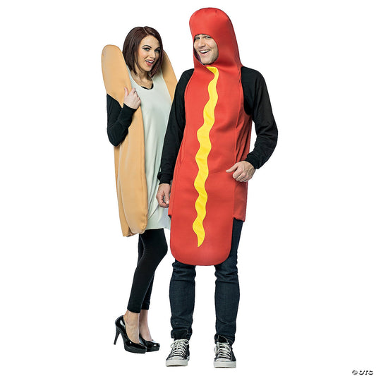 Adult hot dog and bun couples costume set with two tunics on a white background