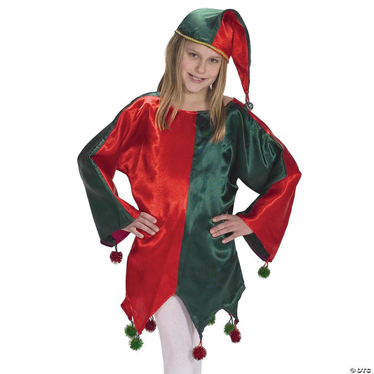Girl wearing a red and green satin jingle elf tunic and matching pointed hat with a bell