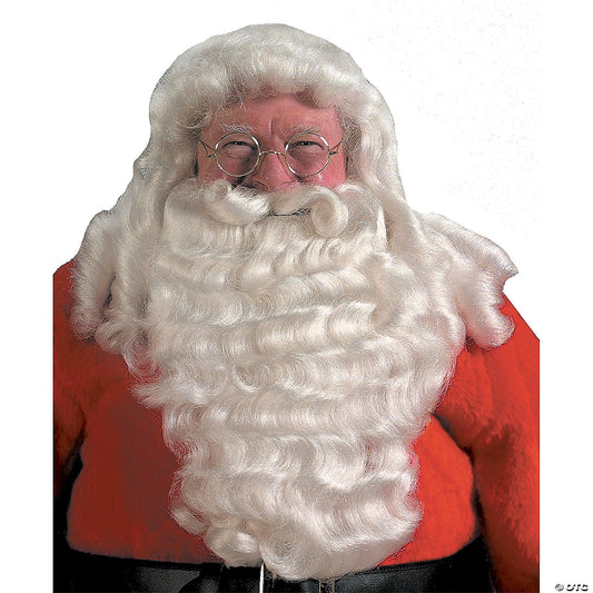 Smiling Santa wearing a full curly white wig and beard set with round gold glasses