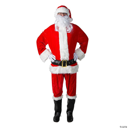 Men's complete velour Santa suit with fur-trimmed jacket and pants, belt, boot tops, gloves, beard, and hat