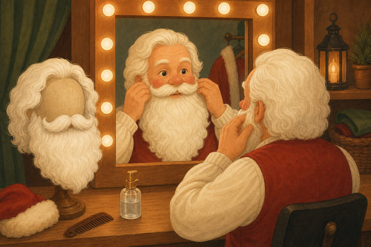 Man fitting a white Santa beard and wig at a dressing-room mirror
